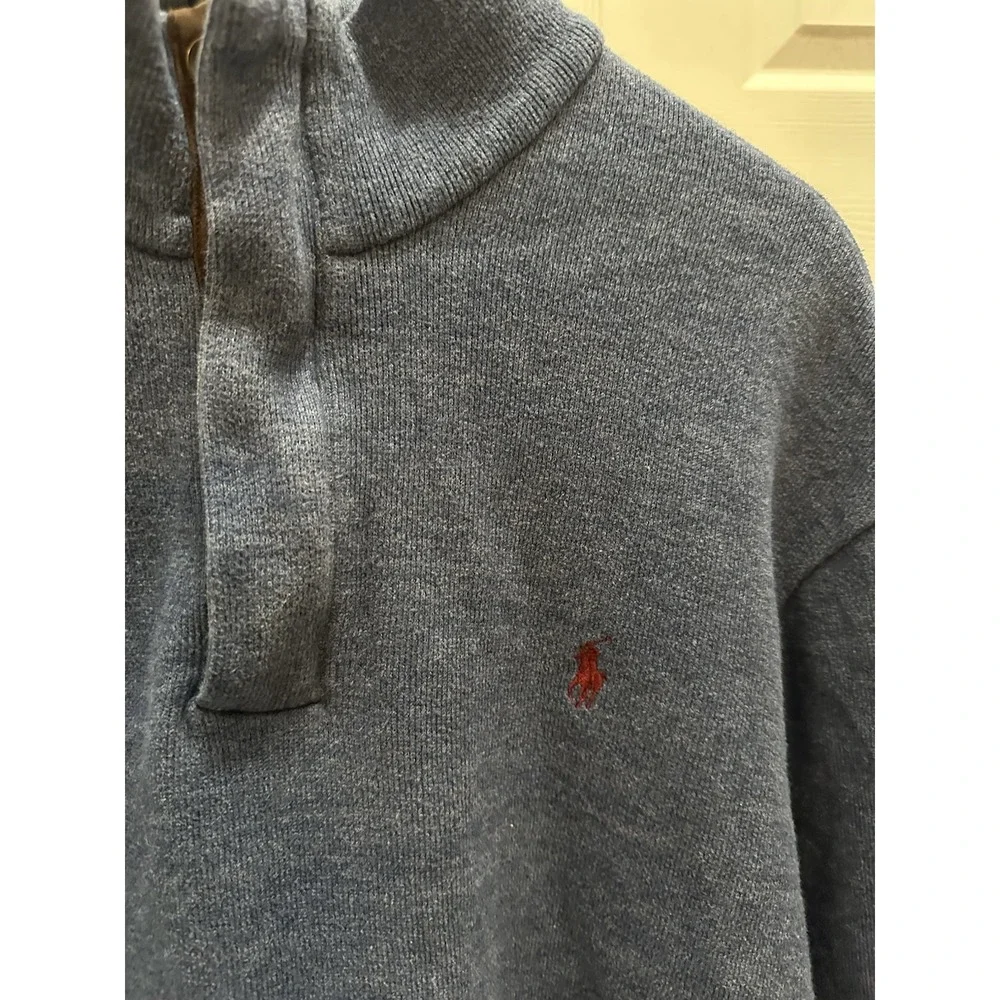 polo ralph lauren mens quarter zip sweater‎ Blue With Brown Elbow Patches XXL - Picture 6 of 12